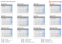 Kalender 2014 mit Ferien und Feiertagen Barbados