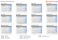 Kalender 2014 mit Ferien und Feiertagen Botsuana