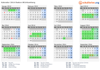 Kalender 2014 mit Ferien und Feiertagen Baden-Württemberg