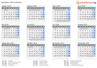 Kalender 2014 mit Ferien und Feiertagen Malawi