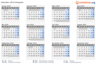 Kalender 2014 mit Ferien und Feiertagen Mongolei