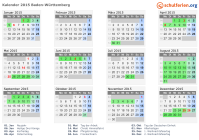 Kalender 2015 mit Ferien und Feiertagen Baden-Württemberg