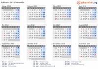 Kalender 2016 mit Ferien und Feiertagen Bahamas