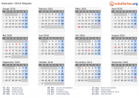 Kalender 2016 mit Ferien und Feiertagen Belgien