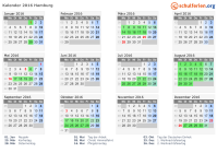 Kalender 2016 mit Ferien und Feiertagen Hamburg