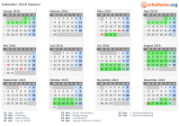 Kalender 2016 mit Ferien und Feiertagen Hessen