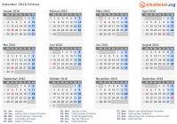 Kalender 2016 mit Ferien und Feiertagen Eritrea