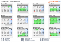 Kalender 2016 mit Ferien und Feiertagen Clermont-Ferrand