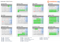 Kalender 2016 mit Ferien und Feiertagen Paris