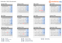 Kalender 2016 mit Ferien und Feiertagen Guatemala
