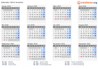 Kalender 2016 mit Ferien und Feiertagen Jamaika