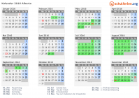 Kalender 2016 mit Ferien und Feiertagen Alberta