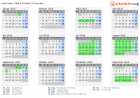Kalender 2016 mit Ferien und Feiertagen British Columbia