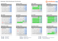 Kalender 2016 mit Ferien und Feiertagen Nordwest-Territorien