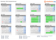 Kalender 2016 mit Ferien und Feiertagen Saskatchewan