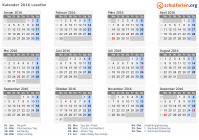 Kalender 2016 mit Ferien und Feiertagen Lesotho