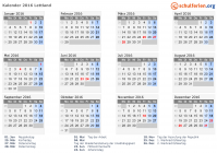 Kalender 2016 mit Ferien und Feiertagen Lettland