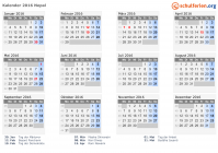 Kalender 2016 mit Ferien und Feiertagen Nepal