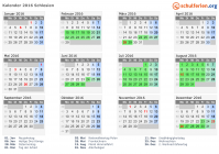 Kalender 2016 mit Ferien und Feiertagen Schlesien