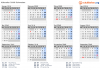 Kalender 2016 mit Ferien und Feiertagen Schweden