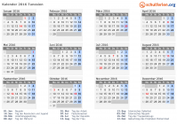 Kalender 2016 mit Ferien und Feiertagen Tunesien