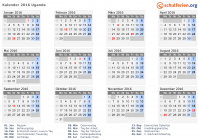 Kalender 2016 mit Ferien und Feiertagen Uganda