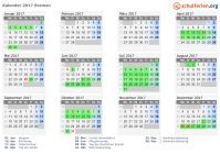 Kalender 2017 mit Ferien und Feiertagen Bremen