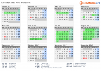 Kalender 2017 mit Ferien und Feiertagen New Brunswick