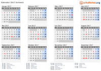 Kalender 2017 mit Ferien und Feiertagen Schweiz