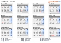 Kalender 2018 mit Ferien und Feiertagen Barbados