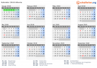 Kalender 2018 mit Ferien und Feiertagen Alberta