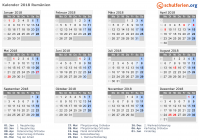 Kalender 2018 mit Ferien und Feiertagen Rumänien