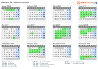 Kalender 2019 mit Ferien und Feiertagen Niedersachsen