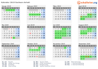 Kalender 2019 mit Ferien und Feiertagen Sachsen-Anhalt