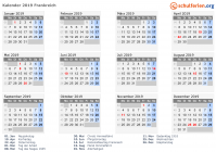 Kalender 2019 mit Ferien und Feiertagen Frankreich