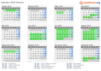 Kalender 2019 mit Ferien und Feiertagen Piemont