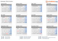 Kalender 2019 mit Ferien und Feiertagen Jemen