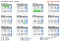 Kalender 2019 mit Ferien und Feiertagen British Columbia