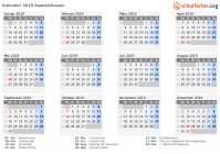 Kalender 2019 mit Ferien und Feiertagen Saskatchewan