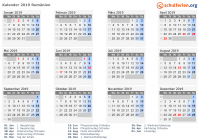 Kalender 2019 mit Ferien und Feiertagen Rumänien