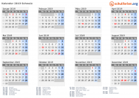 Kalender 2019 mit Ferien und Feiertagen Schweiz
