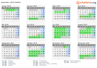 Kalender 2019 mit Ferien und Feiertagen Wallis