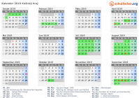 Kalender 2019 mit Ferien und Feiertagen Košický kraj