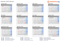 Kalender 2019 mit Ferien und Feiertagen Ukraine