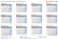 Kalender 2019 mit Ferien und Feiertagen Vereinigte Arabische Emirate