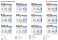 Kalender 2020 mit Ferien und Feiertagen Australien