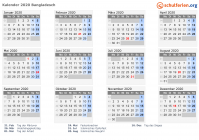 Kalender 2020 mit Ferien und Feiertagen Bangladesch
