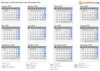 Kalender 2020 mit Ferien und Feiertagen Bosnien und Herzegowina
