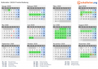 Kalender 2020 mit Ferien und Feiertagen Frederiksberg