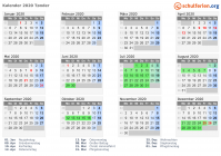 Kalender 2020 mit Ferien und Feiertagen Tønder